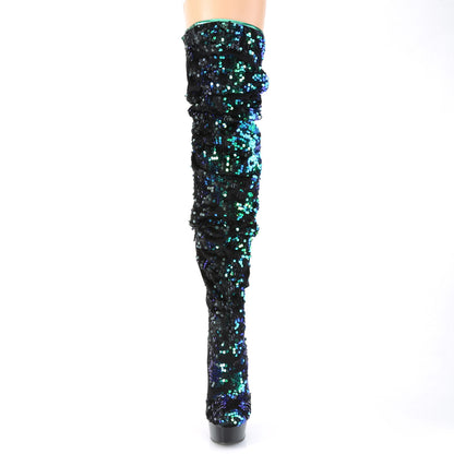 Pleaser DELIGHT-3004 Green Iridescent Sequins / Black Platform Thigh High Boots - 6 Inch Heels
