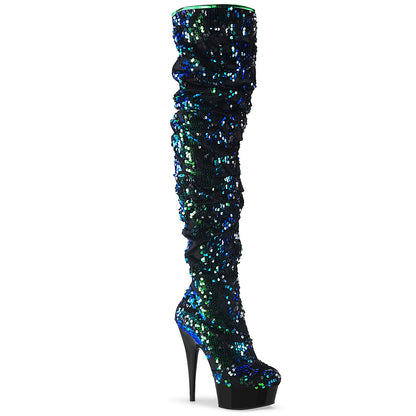 Pleaser DELIGHT-3004 Green Iridescent Sequins / Black Platform Thigh High Boots - 6 Inch Heels
