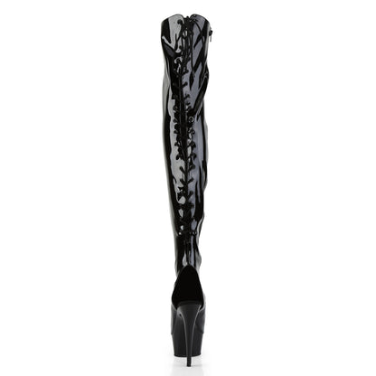Pleaser DELIGHT-3017 Black Lace-Up Open Toe Platform Thigh High Boots - 6 Inch Heels