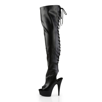 Pleaser DELIGHT-3017 Black Lace-Up Open Toe Platform Thigh High Boots - 6 Inch Heels