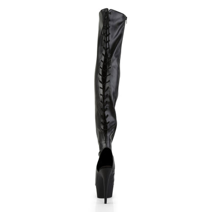 Pleaser DELIGHT-3017 Black Lace-Up Open Toe Platform Thigh High Boots - 6 Inch Heels