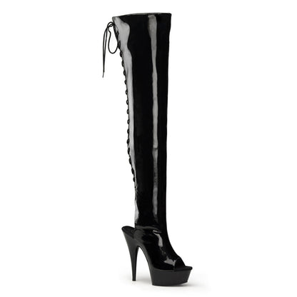 DELIGHT-3017 Pleaser Black Patent 6 Inch High Impact Thigh High Boots