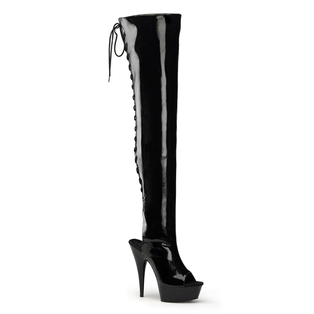 DELIGHT-3017 Pleaser Black Patent 6 Inch High Impact Thigh High Boots Black Stretch Patent