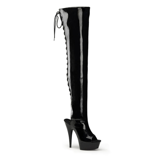 Pleaser DELIGHT-3017 Black Lace-Up Open Toe Platform Thigh High Boots - 6 Inch Heels