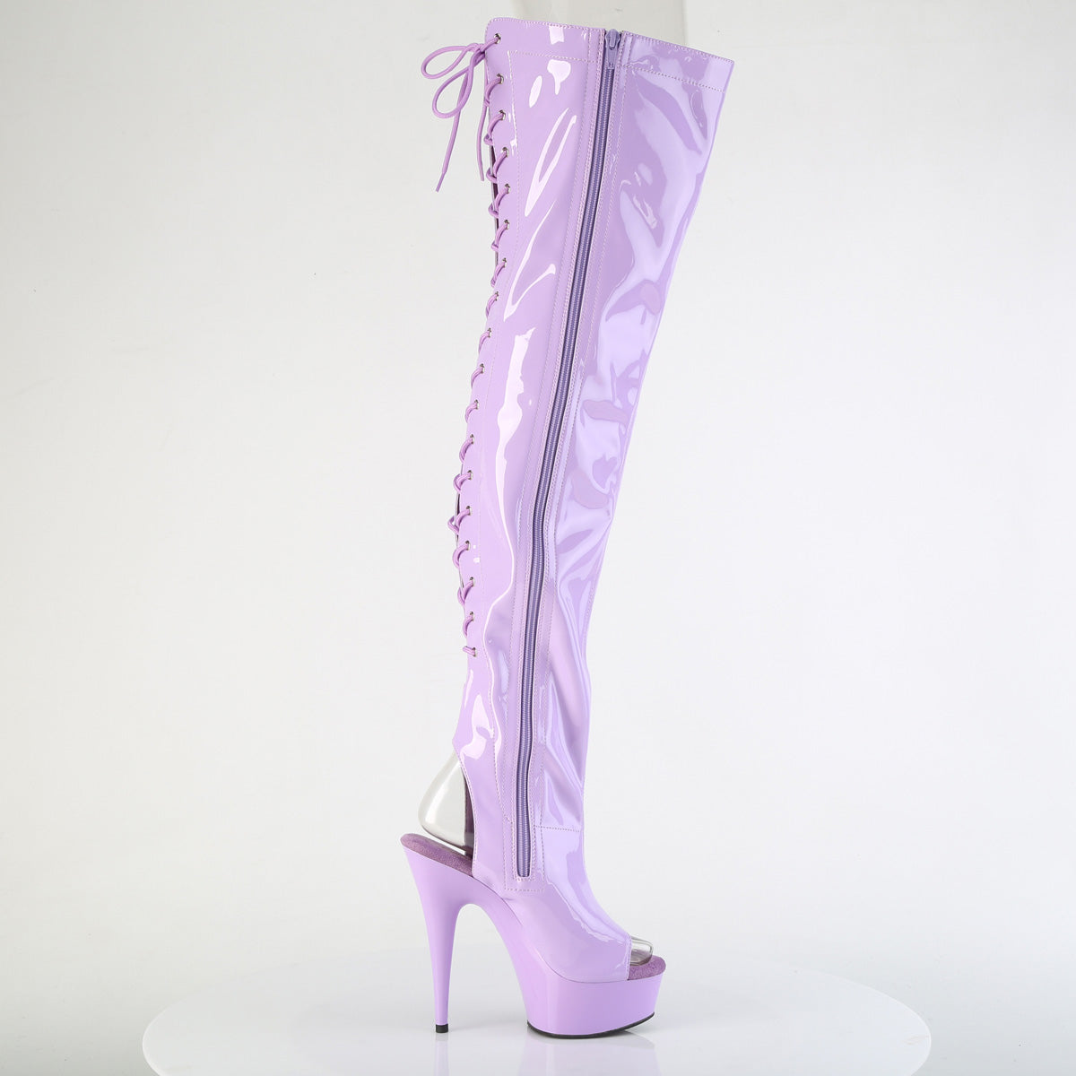 Pleaser DELIGHT-3017 Lavender Lace-Up Open Toe Platform Thigh High Boots - 6 Inch Heels
