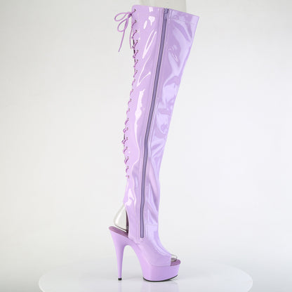 Pleaser DELIGHT-3017 Lavender Lace-Up Open Toe Platform Thigh High Boots - 6 Inch Heels