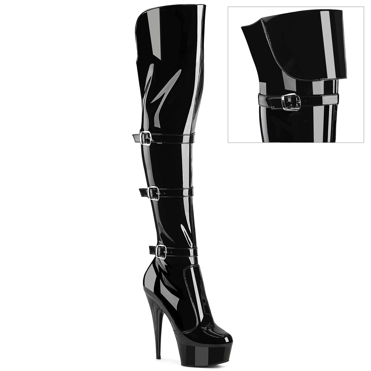 DELIGHT-3018 Pleaser Black Patent 6 Inch Strippers Thigh High Boots
