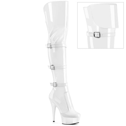 DELIGHT-3018 Pleaser White 6 Inch Exotic Dance Thigh High Boots Wht Str. Pat Wht