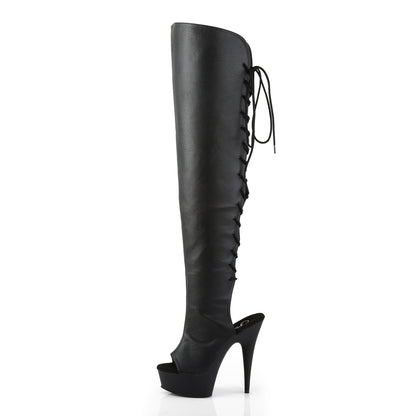 Pleaser DELIGHT-3019 Black / Black Matte Lace-Up Open Toe Platform Over the Knee Boots - 6 Inch Heels