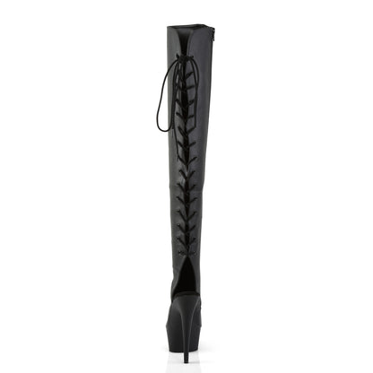 Pleaser DELIGHT-3019 Black / Black Matte Lace-Up Open Toe Platform Over the Knee Boots - 6 Inch Heels