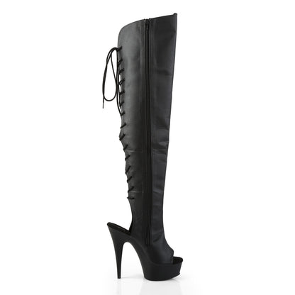 Pleaser DELIGHT-3019 Black / Black Matte Lace-Up Open Toe Platform Over the Knee Boots - 6 Inch Heels