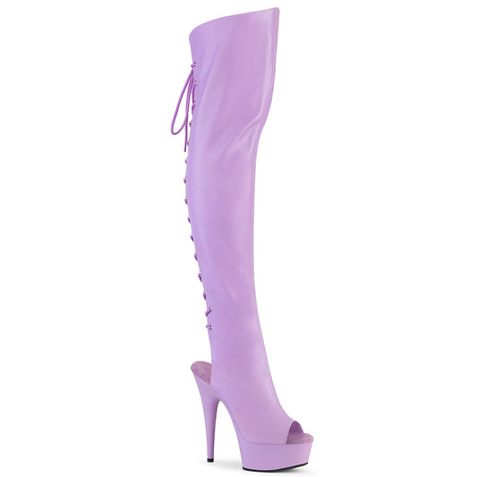Pleaser DELIGHT-3019 Lavender / Lavender Matte Lace-Up Open Toe Platform Over the Knee Boots - 6 Inch Heels