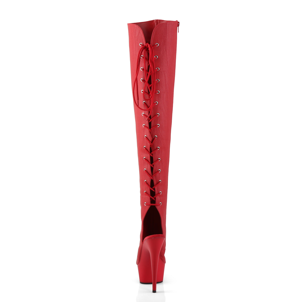 Pleaser DELIGHT-3019 Red / Red Matte Lace-Up Open Toe Platform Over the Knee Boots - 6 Inch Heels