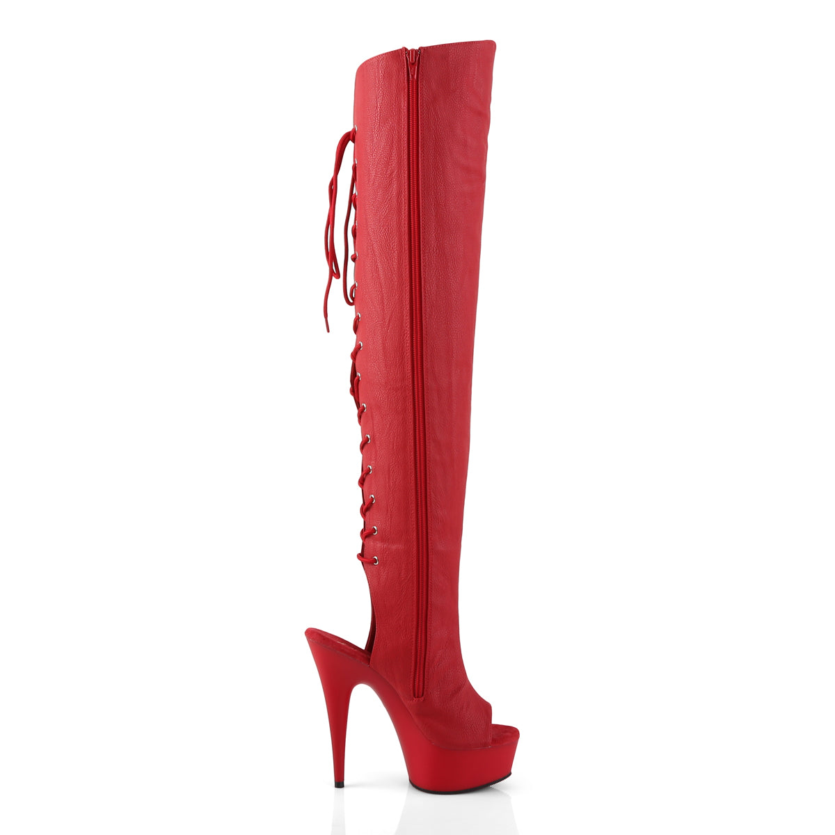 Pleaser DELIGHT-3019 Red / Red Matte Lace-Up Open Toe Platform Over the Knee Boots - 6 Inch Heels
