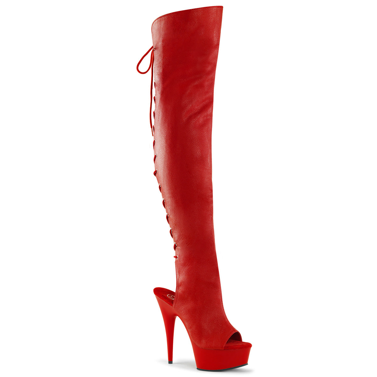 Pleaser DELIGHT-3019 Red / Red Matte Lace-Up Open Toe Platform Over the Knee Boots - 6 Inch Heels