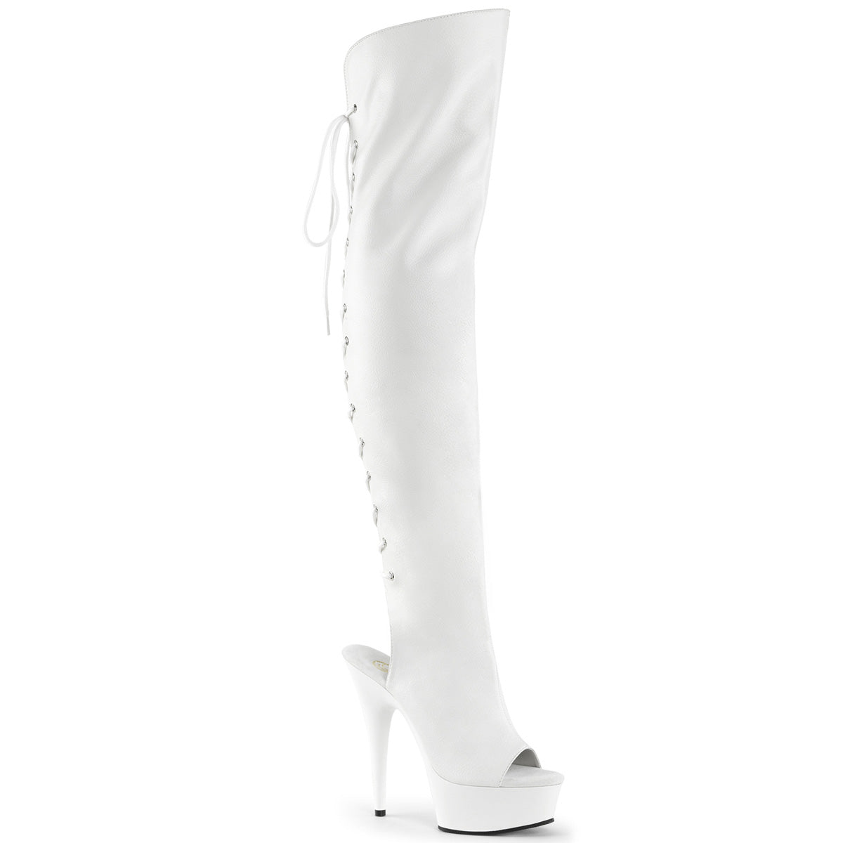 Pleaser DELIGHT-3019 White Lace-Up Open Toe Platform Over the Knee Boots - 6 Inch Heels