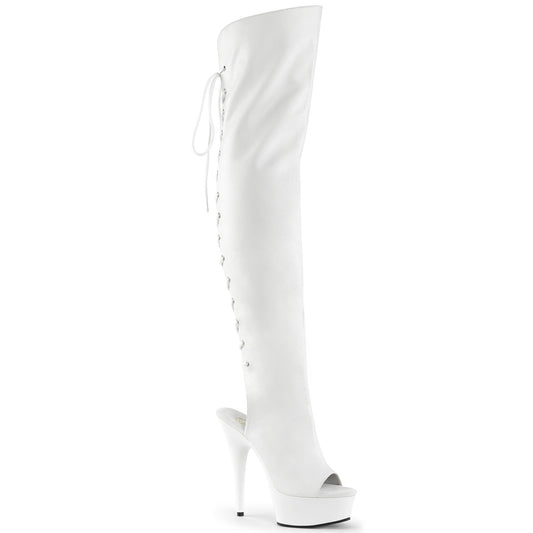 Pleaser DELIGHT-3019 White Lace-Up Open Toe Platform Over the Knee Boots - 6 Inch Heels