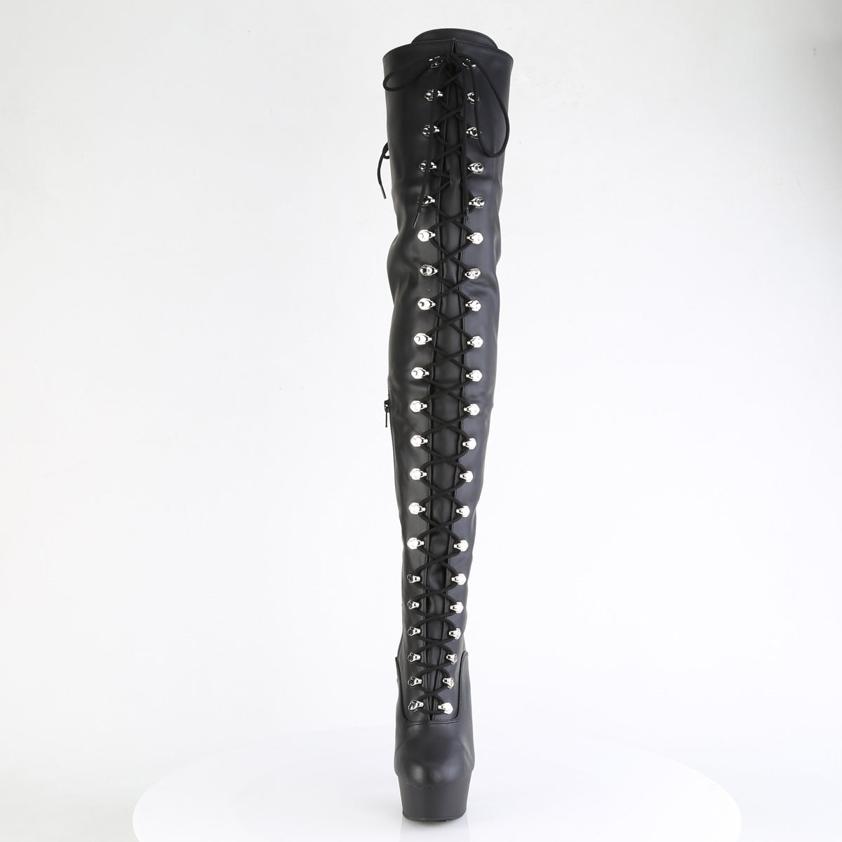 Pleaser DELIGHT-3022 Black / Black Matte Lace-Up Platform Thigh High Boots - 6 Inch Heels