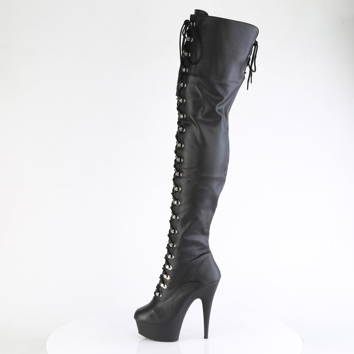 Pleaser DELIGHT-3022 Black / Black Matte Lace-Up Platform Thigh High Boots - 6 Inch Heels
