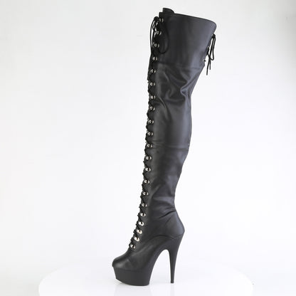Pleaser DELIGHT-3022 Black / Black Matte Lace-Up Platform Thigh High Boots - 6 Inch Heels