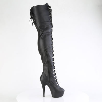 Pleaser DELIGHT-3022 Black / Black Matte Lace-Up Platform Thigh High Boots - 6 Inch Heels