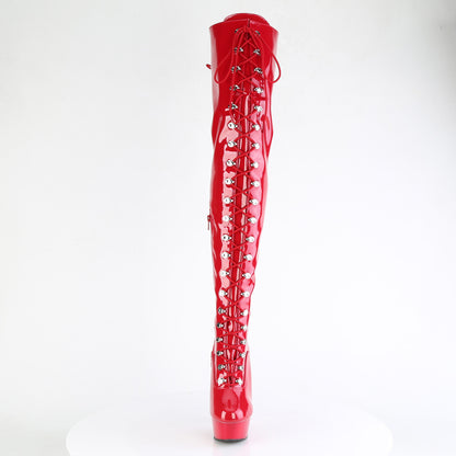 Pleaser DELIGHT-3022 Red Lace-Up Platform Thigh High Boots - 6 Inch Heels