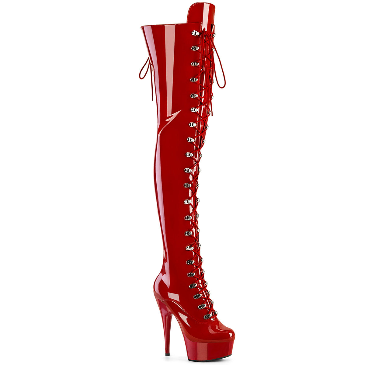 Pleaser DELIGHT-3022 Red Lace-Up Platform Thigh High Boots - 6 Inch Heels