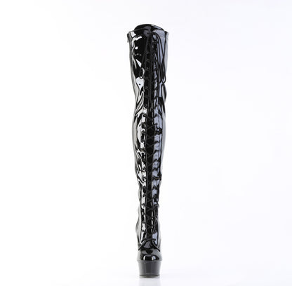 Pleaser DELIGHT-3023 Black Lace-Up Platform Thigh High Boots - 6 Inch Heels