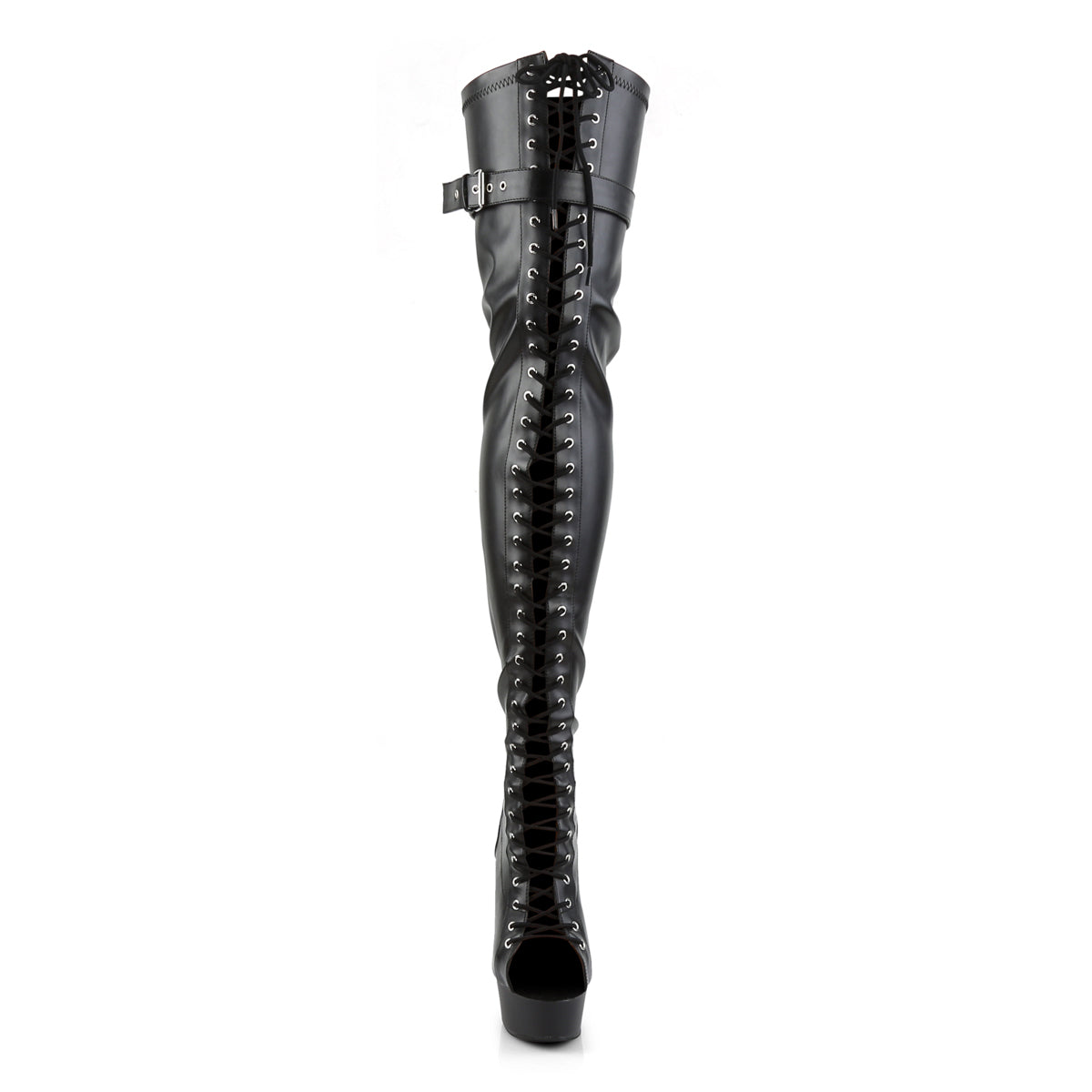 Pleaser DELIGHT-3025 Black / Black Matte Lace-Up Peep Toe Platform Thigh High Boots - 6 Inch Heels