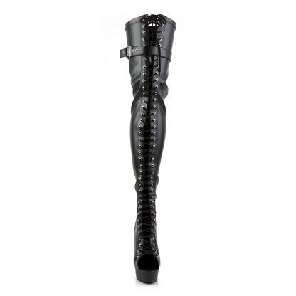 Pleaser DELIGHT-3025 Black / Black Matte Lace-Up Peep Toe Platform Thigh High Boots - 6 Inch Heels