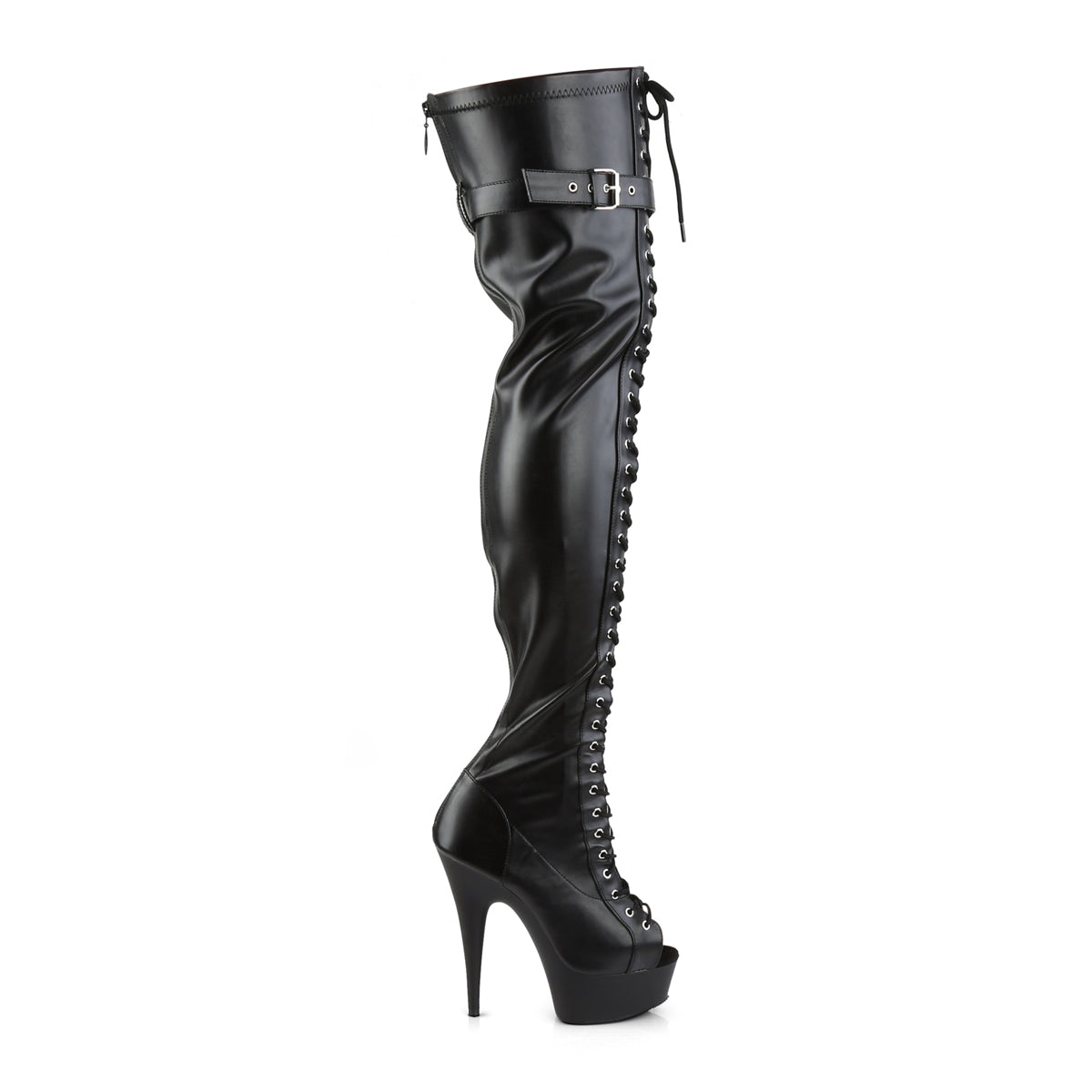 Pleaser DELIGHT-3025 Black / Black Matte Lace-Up Peep Toe Platform Thigh High Boots - 6 Inch Heels