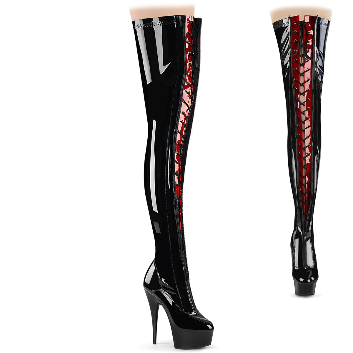 DELIGHT-3027 Pleaser Black Red 6 Inch Pole Dance Thigh High Boots Blk-Red Str. Pat Blk