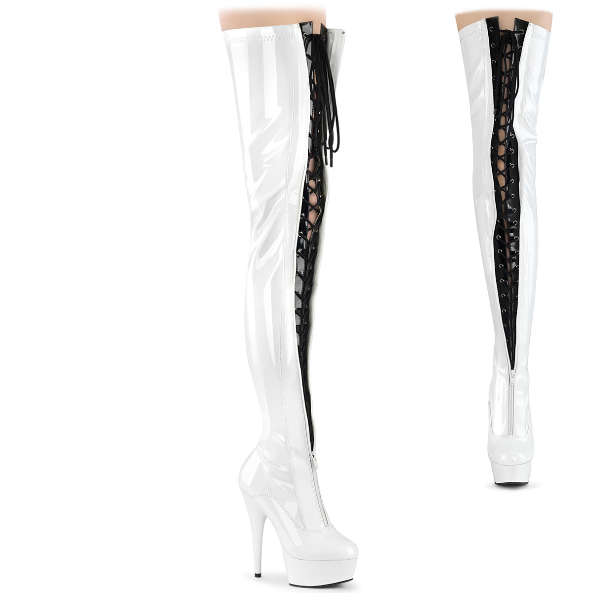 DELIGHT-3027 Pleaser White 6 Inch Glamour Models Thigh High Boots Wht-Blk Str. Pat Wht