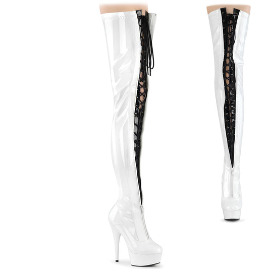DELIGHT-3027 Pleaser White 6 Inch Glamour Models Thigh High Boots Wht-Blk Str. Pat Wht