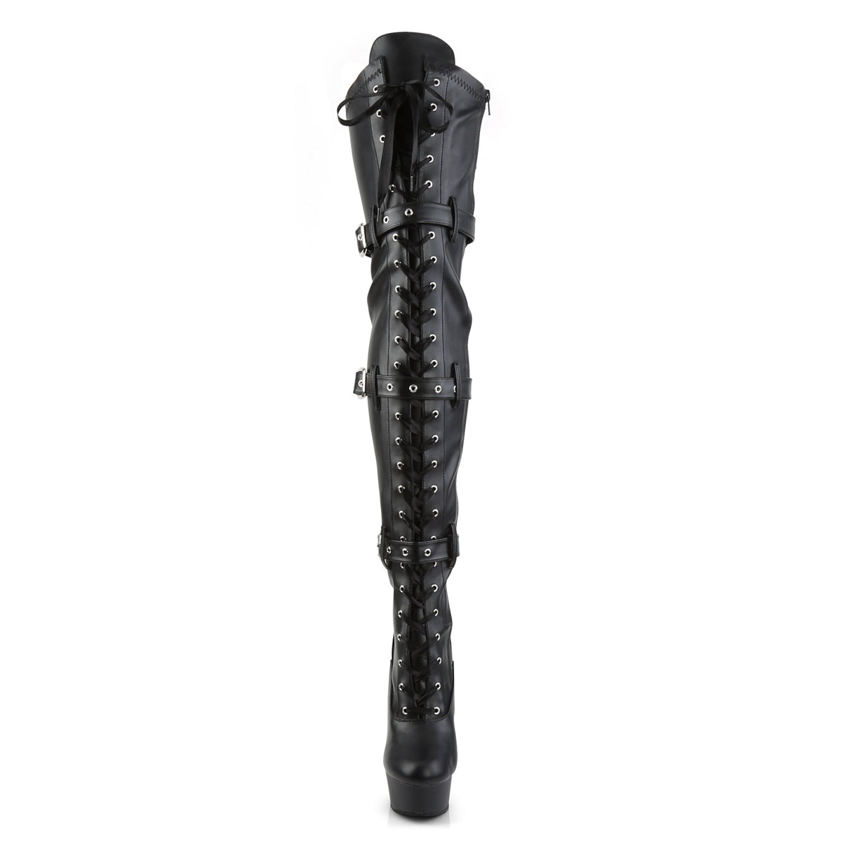 Pleaser DELIGHT-3028 Black / Black Matte Lace-Up Platform Thigh High Boots - 6 Inch Heels