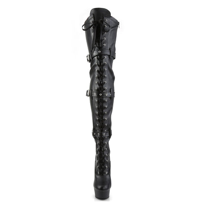 Pleaser DELIGHT-3028 Black / Black Matte Lace-Up Platform Thigh High Boots - 6 Inch Heels
