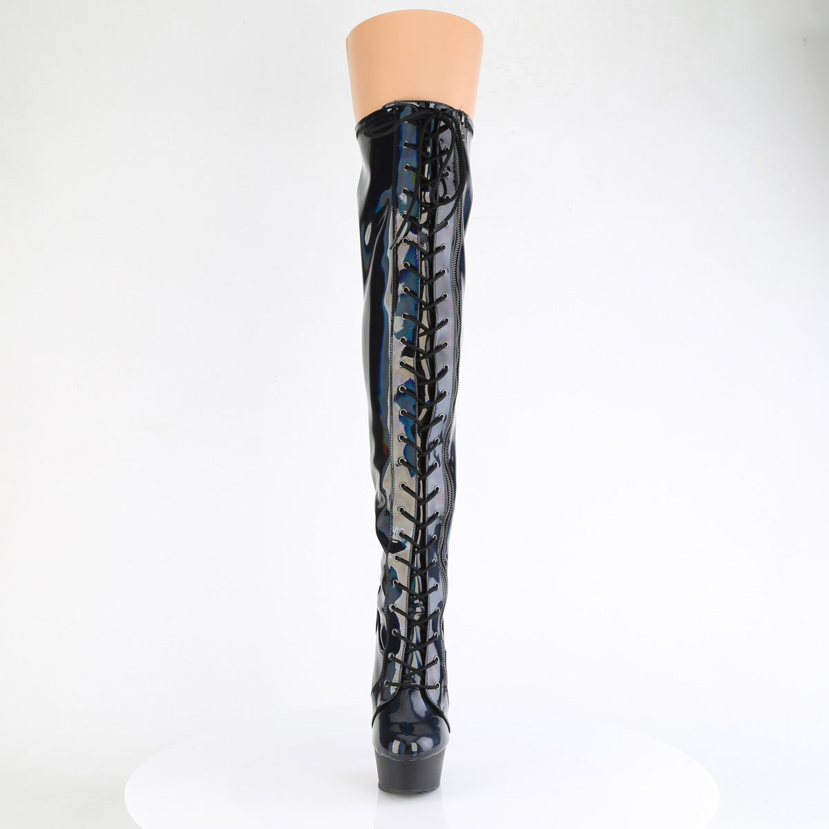 Pleaser DELIGHT-3029 Black Holographic / Black Matte Lace-Up Platform Boots - 6 Inch Heels