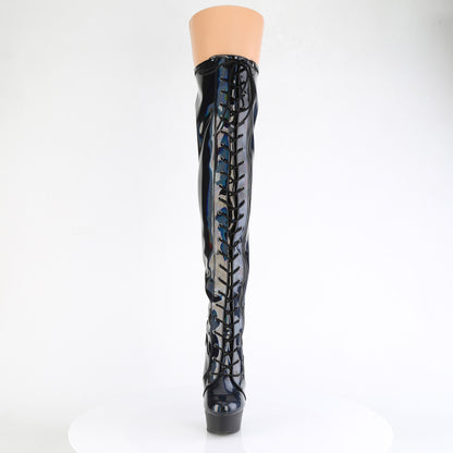 Pleaser DELIGHT-3029 Black Holographic / Black Matte Lace-Up Platform Boots - 6 Inch Heels