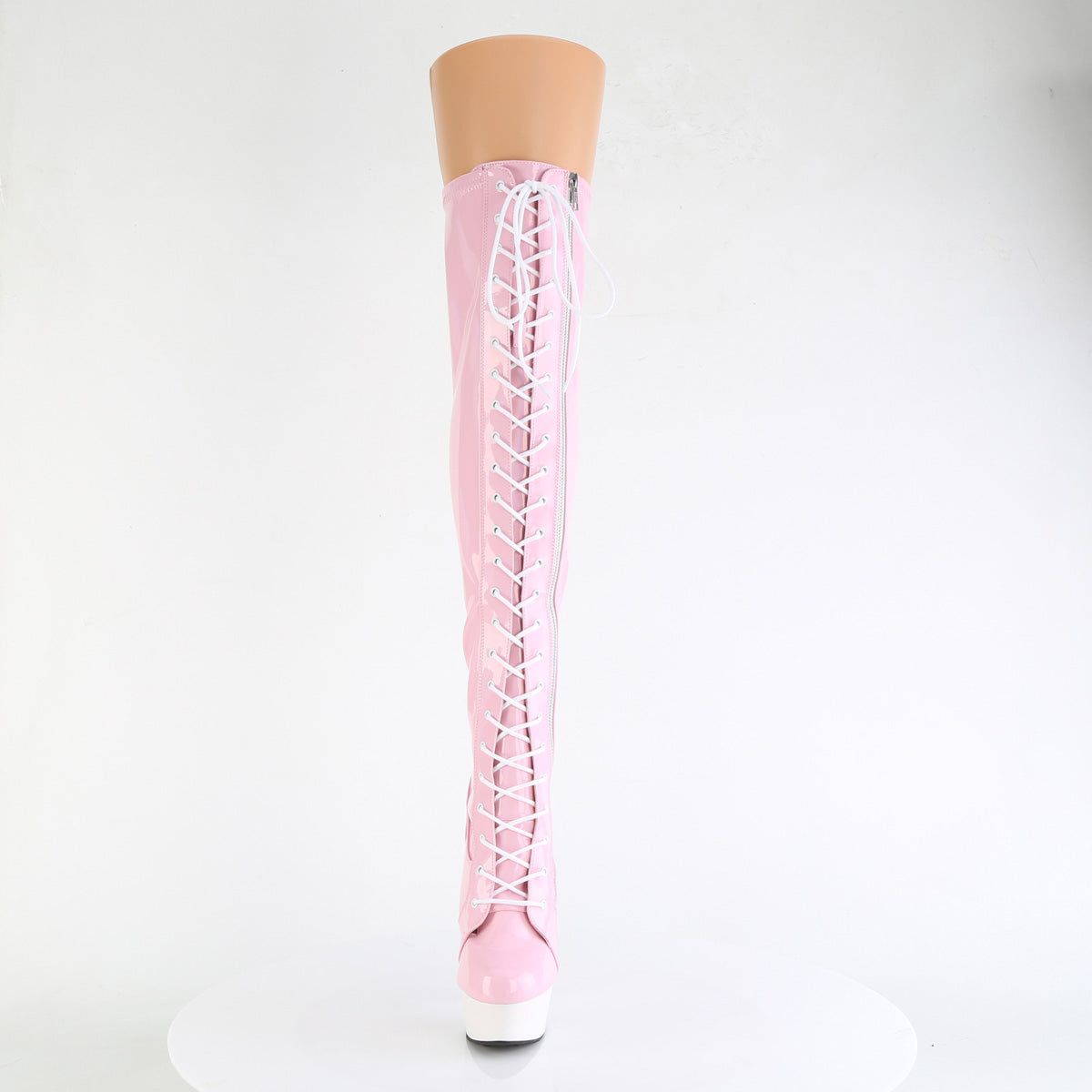 Pleaser DELIGHT-3029 Baby Pink Holographic / White Matte Lace-Up Platform Boots - 6 Inch Heels