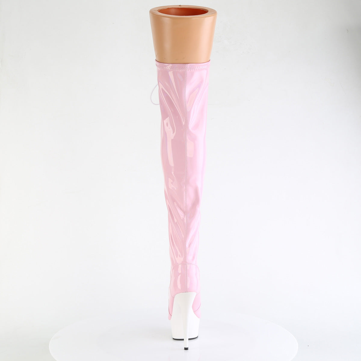 Pleaser DELIGHT-3029 Baby Pink Holographic / White Matte Lace-Up Platform Boots - 6 Inch Heels