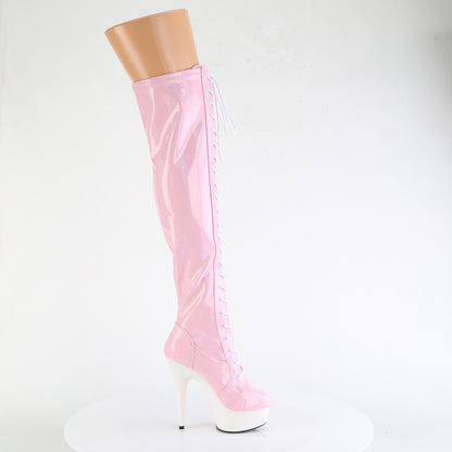 Pleaser DELIGHT-3029 Baby Pink Holographic / White Matte Lace-Up Platform Boots - 6 Inch Heels