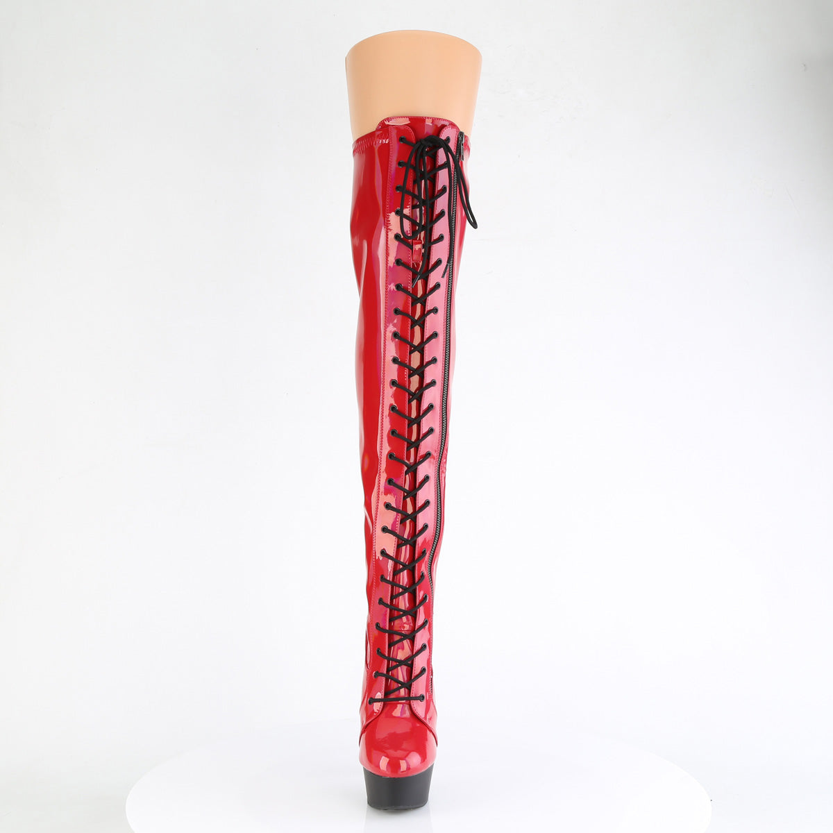 Pleaser DELIGHT-3029 Red Holographic / Black Matte Lace-Up Platform Boots - 6 Inch Heels