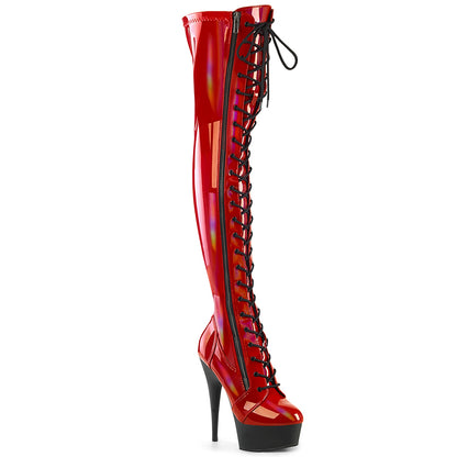 Pleaser DELIGHT-3029 Red Holographic / Black Matte Lace-Up Platform Boots - 6 Inch Heels