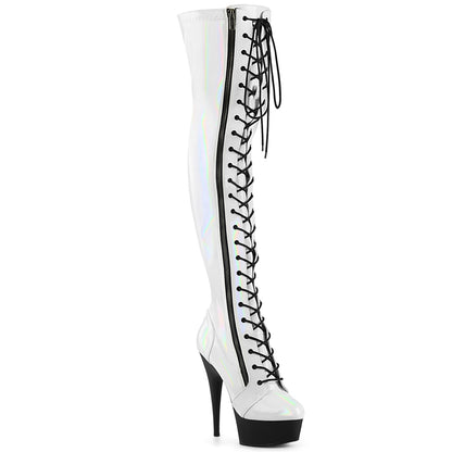 Pleaser DELIGHT-3029 White Holographic / Black Matte Lace-Up Platform Boots - 6 Inch Heels