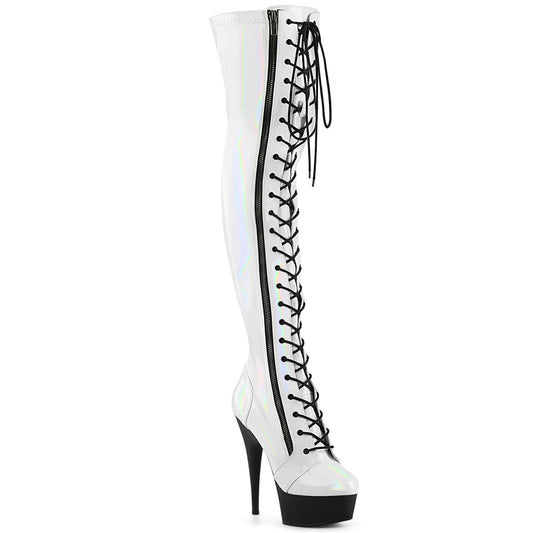 Pleaser DELIGHT-3029 White Holographic / Black Matte Lace-Up Platform Boots - 6 Inch Heels