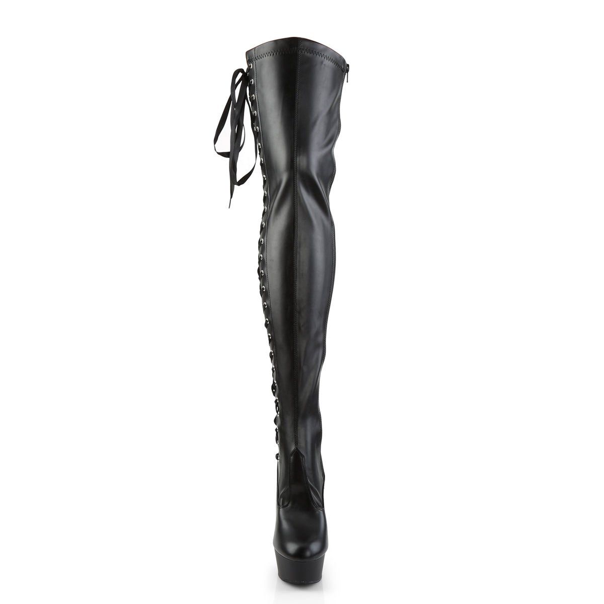 Pleaser DELIGHT-3050 Black / Black Matte Lace-Up Platform Thigh High Boots - 6 Inch Heels