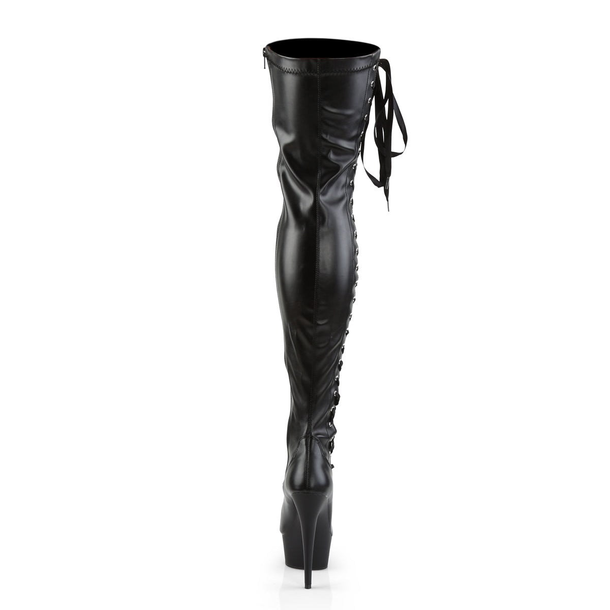 Pleaser DELIGHT-3050 Black / Black Matte Lace-Up Platform Thigh High Boots - 6 Inch Heels