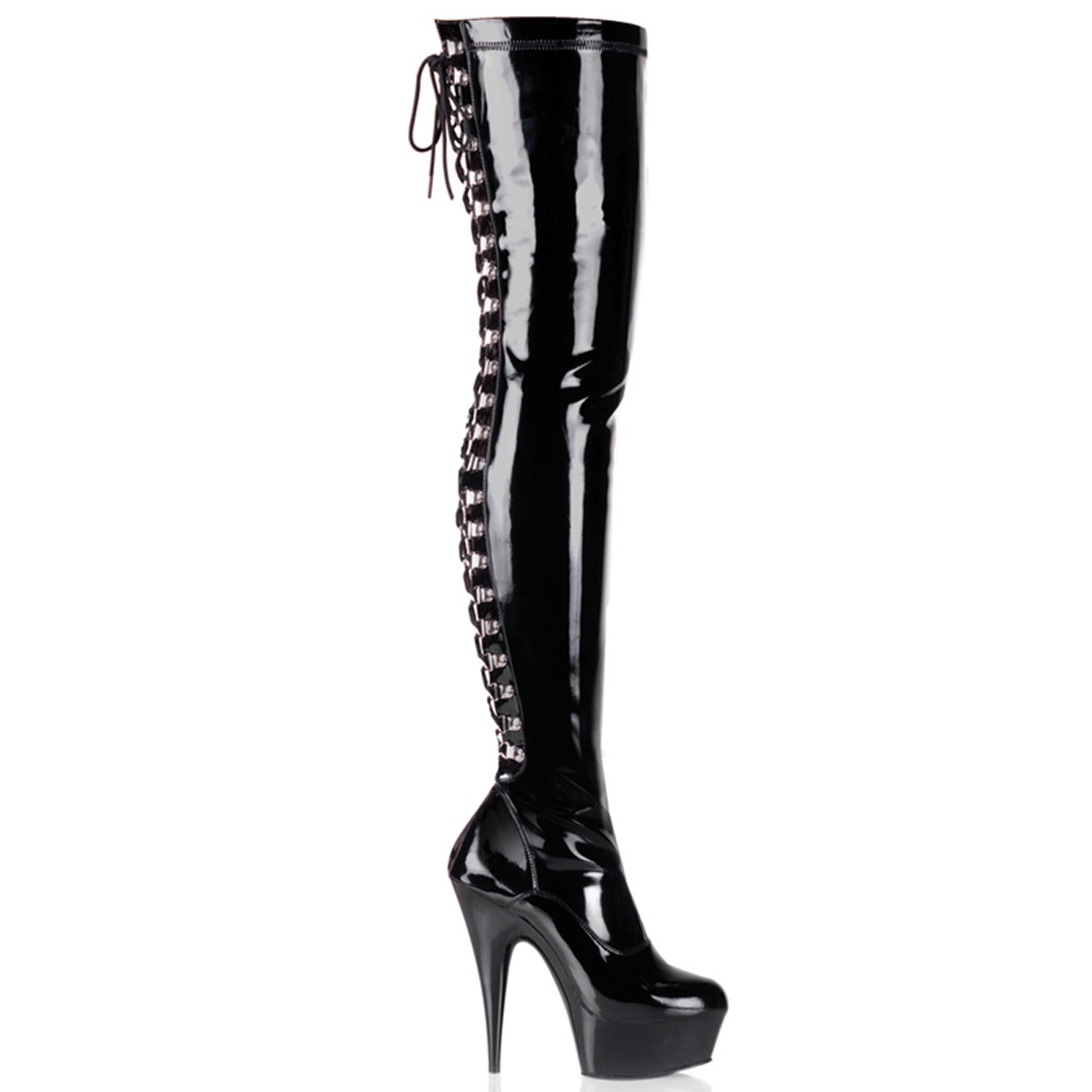 Pleaser DELIGHT-3063 Black Lace-Up Platform Thigh High Boots - 6 Inch Heels