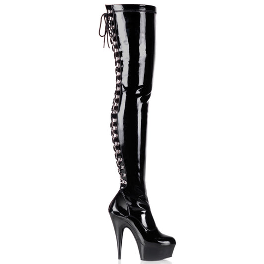 Pleaser DELIGHT-3063 Black Lace-Up Platform Thigh High Boots - 6 Inch Heels