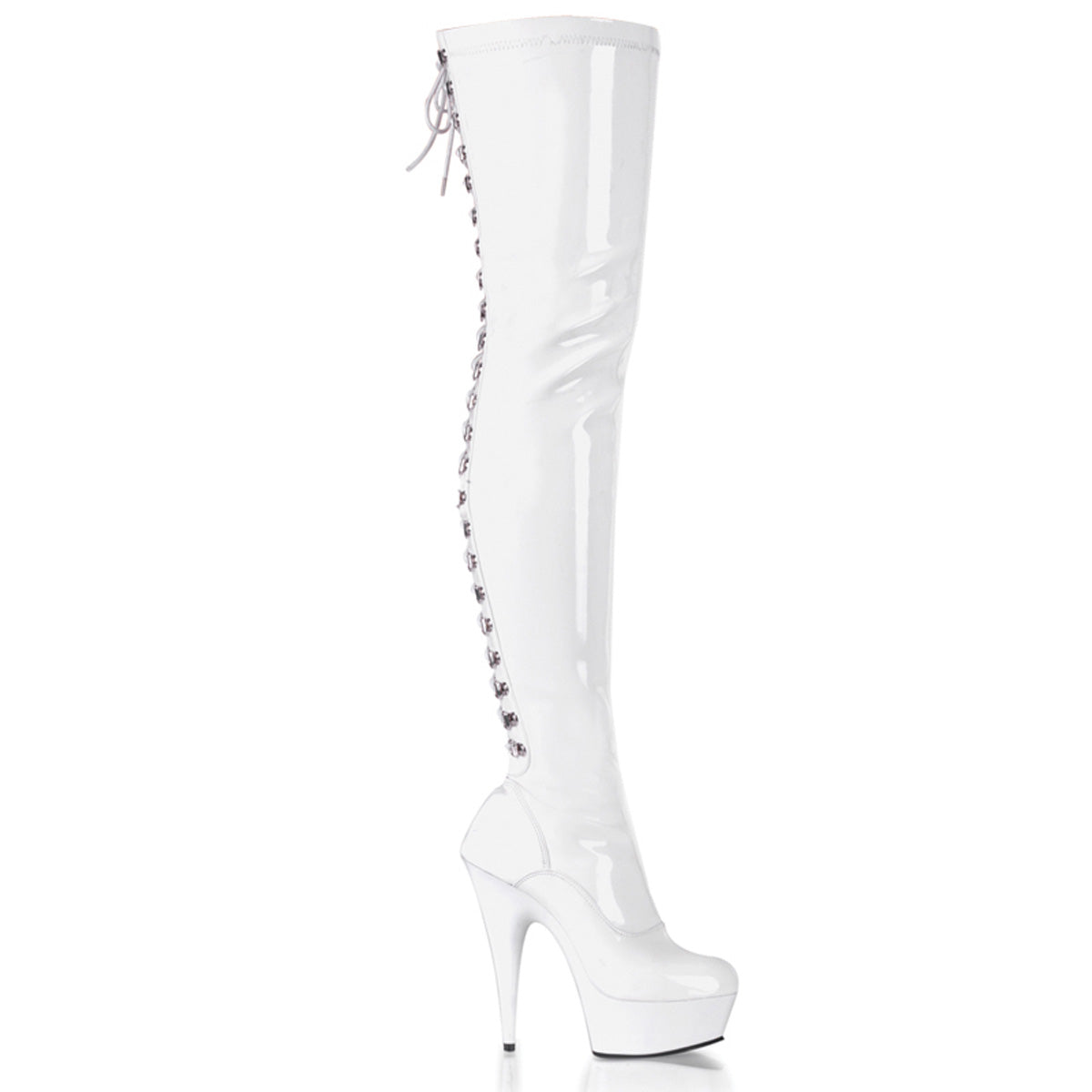 Pleaser DELIGHT-3063 White Lace-Up Platform Thigh High Boots - 6 Inch Heels White Stretch Patent White